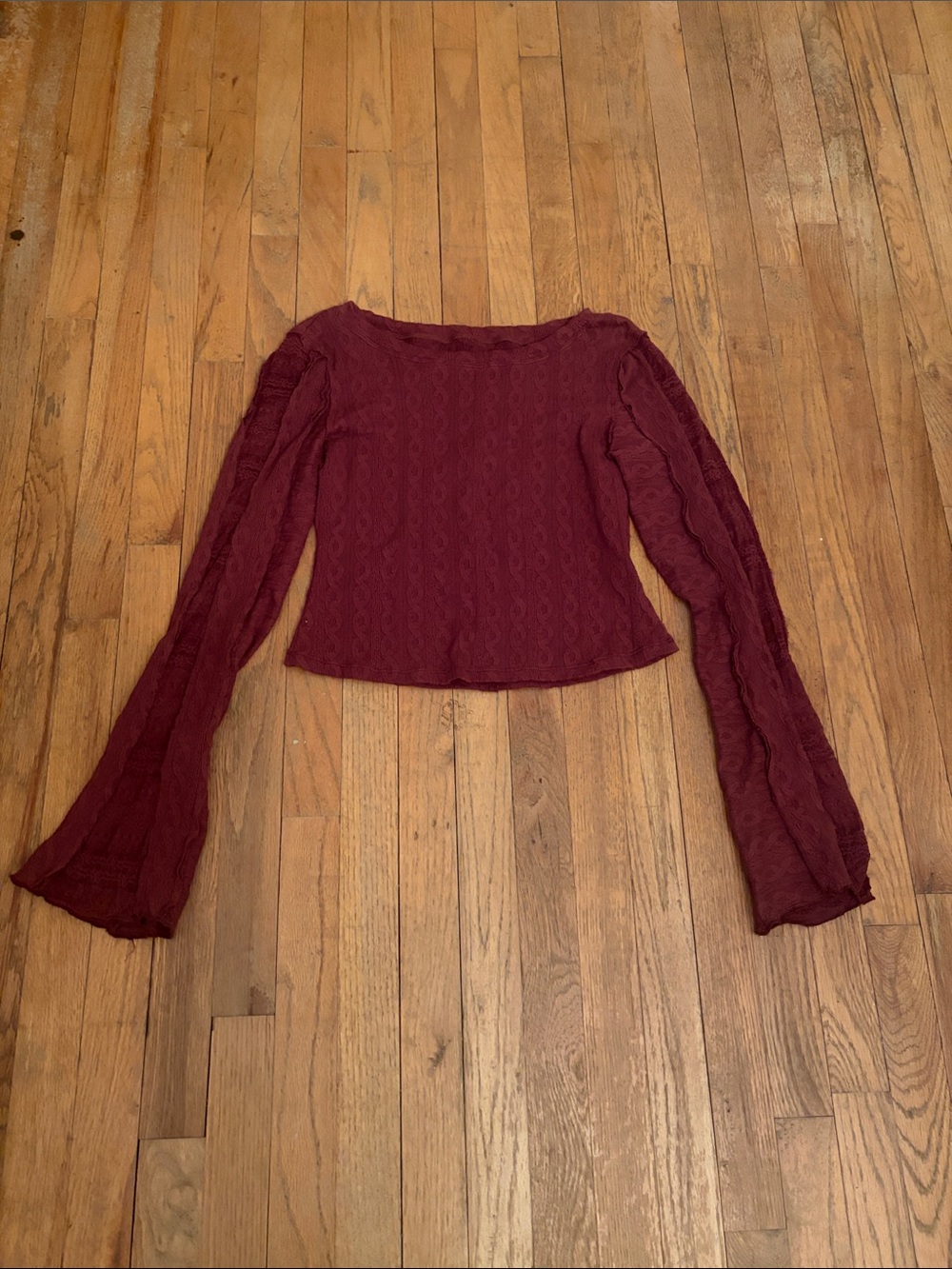 SHEIN Burgundy Long-Sleeve Lace Bell Sleeve Crop Top S